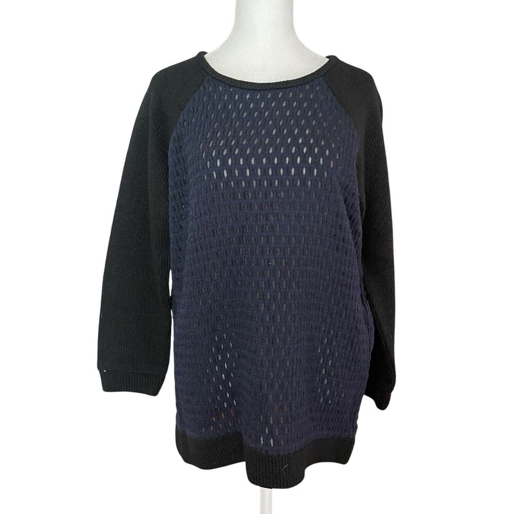 Tibi Medium Tunic Sweater Black Black Perforated Popover Wool Blend